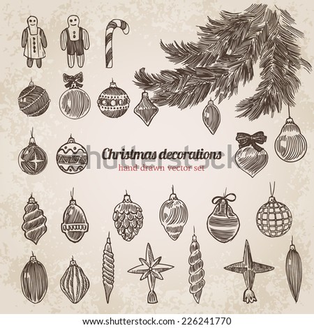 Christmas tree decorations set New Year handdrawn engraving style template. Pen pencil crosshatch hatching paper drawing retro vintage vector lineart illustration.