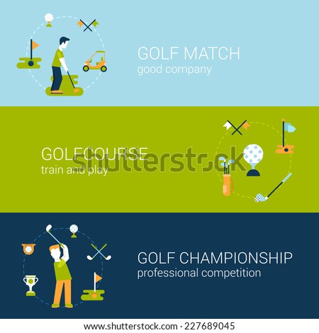 Golf sport club, course concept flat icons vector template set. Golf man with club stroke ball, play professional championship and competition. Web illustration and website infographic elements.