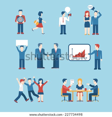 Flat style business people figures icons Web template vector icon set Lifestyle situations icons Marketing target chat message talk banner in hands handshake party report presentation Flat style business people figures icons Web template vector icon set Lifestyle situations icons Marketing target chat message talk banner in hands handshake party report presentation