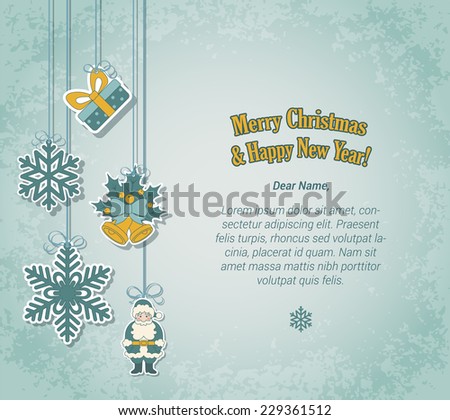Creative Christmas and New Year postcard template in sticker label style. Holiday tree decorations on threads and place for your congratulation text. Decorative winter holidays elements collection.