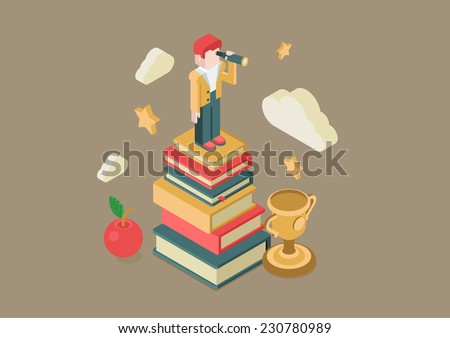 Flat 3d isometric education future vision concept. Man looking through spyglass stands book heap, apple, clouds, stars, cup winner. Conceptual web illustration knowledge power meaning being educated.
