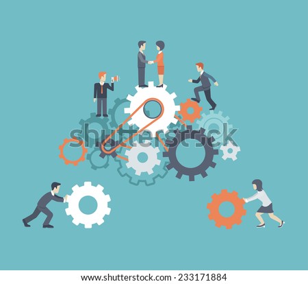 Flat style modern teamwork, workforce staff infographic concept. Conceptual web illustration of business people on cog wheels. Corporate company ladder of success leadership, human resource management