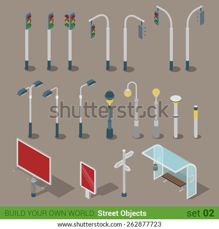 Flat 3d Isometric High Quality City Street Urban Objects Icon Set