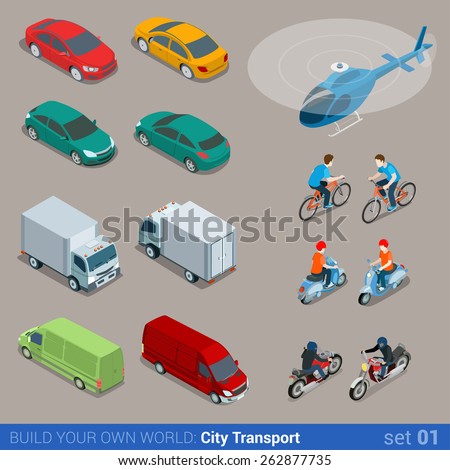 Flat 3d isometric high quality city transport icon set. Car van bus helicopter bicycle scooter motorbike and riders. Build your own world web infographic collection.