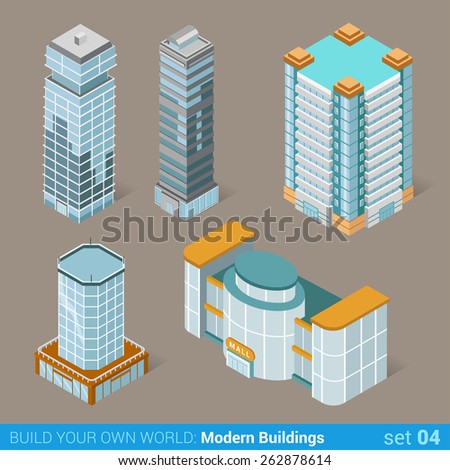 Architecture modern business buildings icon set flat 3d isometric web illustration vector. Business center mall public government and skyscrapers. Build your own world web infographic collection.