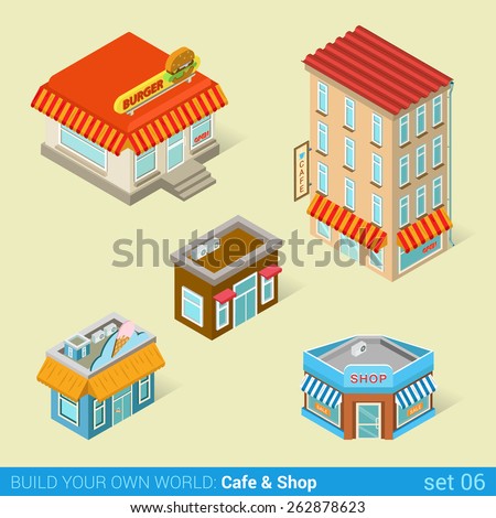Architecture modern city business buildings icon set flat 3d isometric web illustration vector. Business center mall public government and skyscrapers. Build your own world web infographic collection.