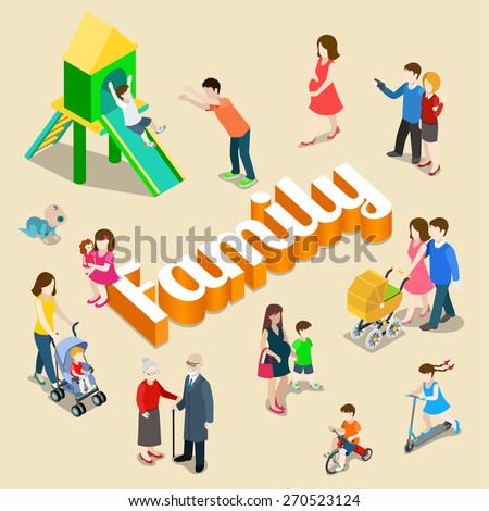 Family modern lifestyle flat 3d web isometric infographic vector. Young joyful parents micro male female group parenting mother father dad mom huge letters. Creative people collection.