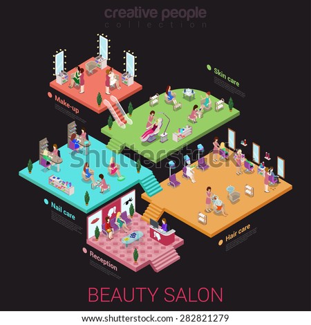 Flat 3d isometric abstract beauty salon office building floor interiors concept vector web infographics illustration. Reception nail hair skin care makeup. Creative people offices collection.