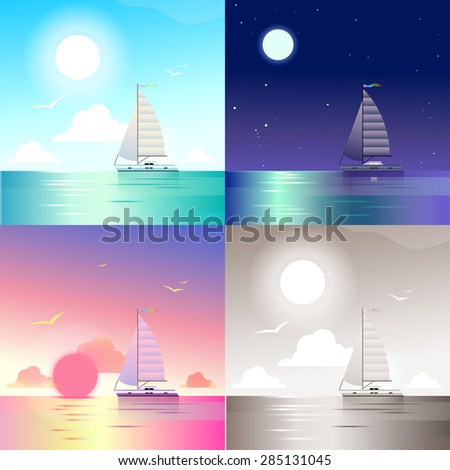 Flat landscape ocean sea yacht summer travel vacation scene set. Stylish web banner nature outdoor collection. Daylight, night moonlight, sunset view, retro vintage picture sepia.