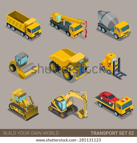 Flat 3d isometric city construction transport icon set. Excavator crane grader concrete cement mixer roller pit dump truck loader tow wrecker truck. Build your own world web infographic collection.
