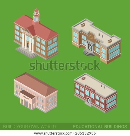 Architecture modern city historic educational buildings icon set flat 3d isometric web illustration vector. Public library university school government. Build your own world web infographic collection