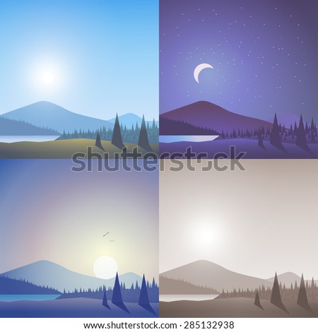 Flat landscape hilly mountain wild lake forest scene set. Stylish web banner nature outdoor collection. Daylight, night moonlight, sunset view, retro vintage picture sepia.
