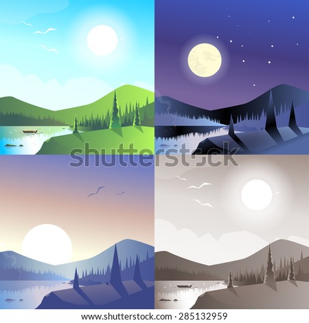 Flat landscape hilly mountains wild forest lake boat scene set. Stylish web banner nature outdoor collection. Daylight, night moonlight, sunset view, retro vintage picture sepia.