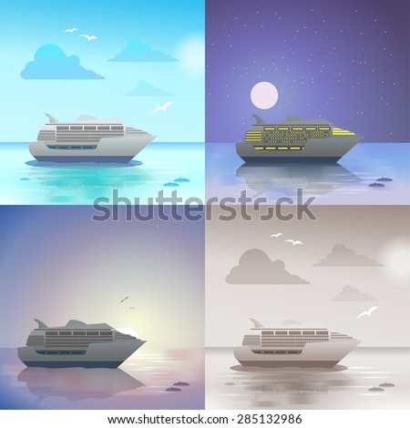 Flat landscape ocean sea cruise ship summer travel vacation scene set. Stylish web banner nature outdoor collection. Daylight, night moonlight, sunset view, retro vintage picture sepia.