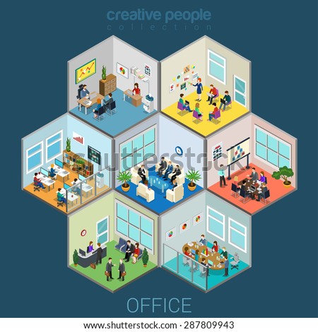 Flat 3d isometric abstract office interior room cells company workers staff concept vector infographics. Reception, meeting conference, training class, accounting, open space. Creative business people