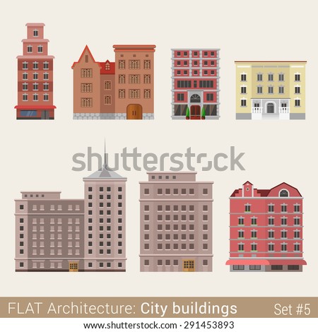 Flat style modern classic municipal buildings small shop cafe set. School university library house. City design elements. Stylish design architecture collection.