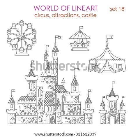 Architecture entertainment building circus attractions castle playhouse Ferris wheel graphical lineart hipster icon set. World of line art collection.