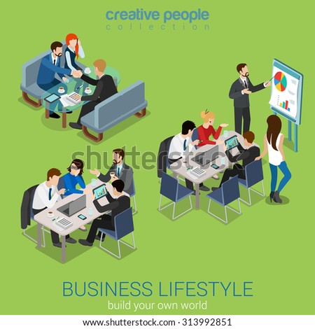 Flat 3d web isometric office meeting room report business collaboration teamwork brainstorming negotiation infographic concept interior vector set. Businessmen around table. Creative people collection