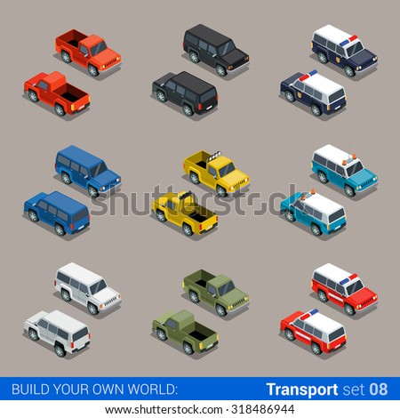 Flat 3d isometric high quality city SUV jeep offroad transport icon set. Car pickup fire service police military farm truck. Build your own world web infographic collection.