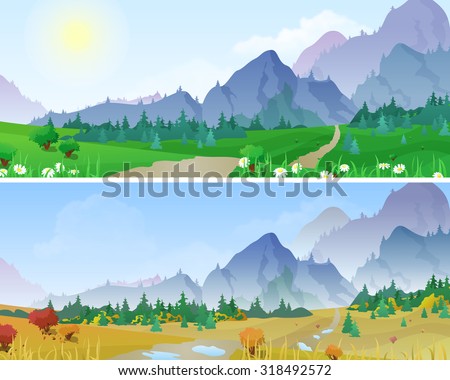 Hilly mountains Landscape in Seasons: summer, autumn. Floral background changing seasons set 03