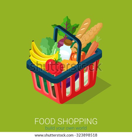 Flat 3d isometric food grocery shopping web infographics concept. Shopping cart full of vegetable fruit milk cheese baguette bread. Creative people collection.