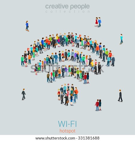 Flat 3d isometric style free public wi-fi hotspot concept web infographics vector illustration crowded square. Crowd group forming WiFi sign shape internet access point. Creative people collection.