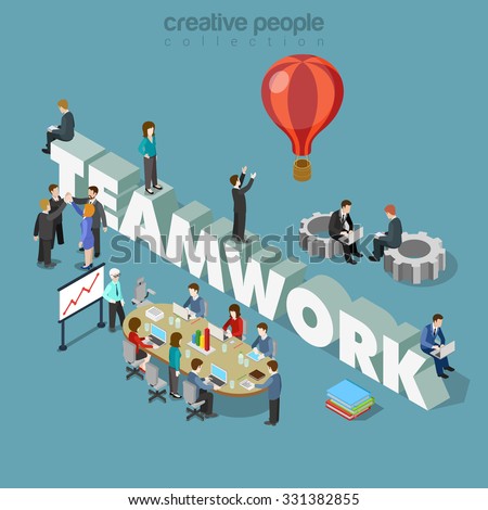 Flat 3d isometric style teamwork concept web infographics vector illustration. Businessmen at meeting table cogwheels and big teamwork word. Creative people collection.