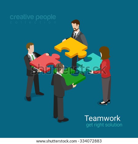 Business team solution in partnership concept flat 3d web isometric infographic vector. Four businessmen pushing pieces of puzzle. Creative people collection.