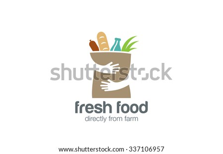 Fresh Food Shopping Logo design vector template. Hands Holding Bag Logotype concept negative space icon.