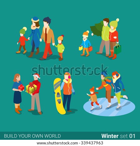 Winter young happy people family set flat 3d isometry isometric concept web infographics vector illustration. Mom dad son daughter, gift present, snowboarder, skaters. Creative people collection.