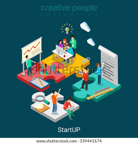 Flat 3d isometric StartUP concept web infographics vector illustration. Puzzle solution idea research report team business planning. Creative people collection.