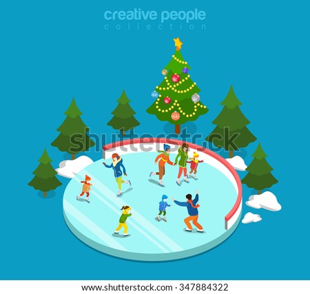 Winter ice staking rink sports young happy people family activity icon set flat 3d isometry isometric concept web vector illustration. Mom dad son boy girl skaters fir tree. Creative people collection