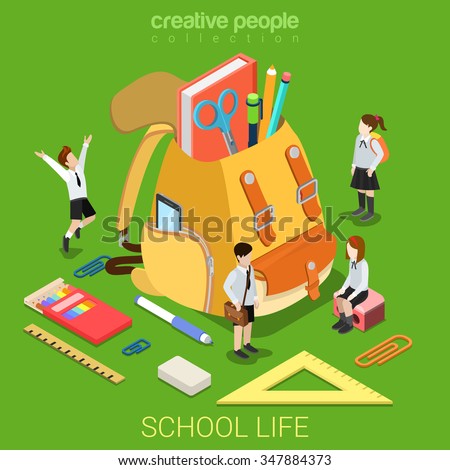 School life flat 3d isometry isometric primary education concept web vector illustration. Schoolboy schoolgirl stationery accessory around big rucksack backpack. Creative people collection.
