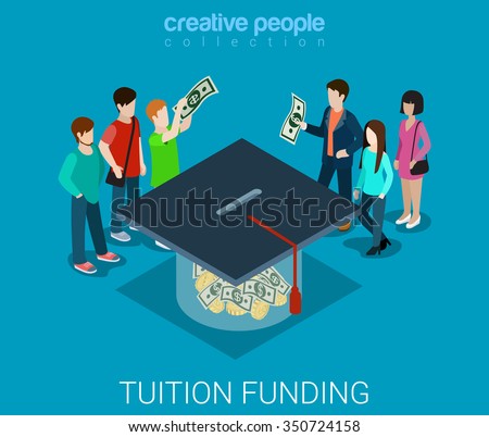 Tuition fee web crowd funding platform volunteer concept flat 3d isometric infographic. Group of donors putting money into box shaped graduate cap. Crowd funding process. Creative people collection.