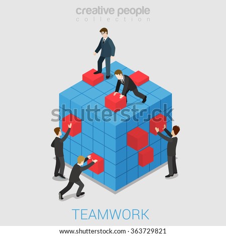 Teamwork project collaboration flat 3d isometry isometric business concept web vector illustration. Businessmen on big cube pushing red buttons. Creative people collection.