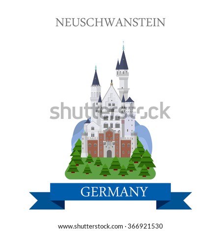 Neuschwanstein Castle Schloss New Swanstone Castle in Bavaria Germany. Flat cartoon style historic sight web site vector illustration. World countries cities vacation travel sightseeing collection
