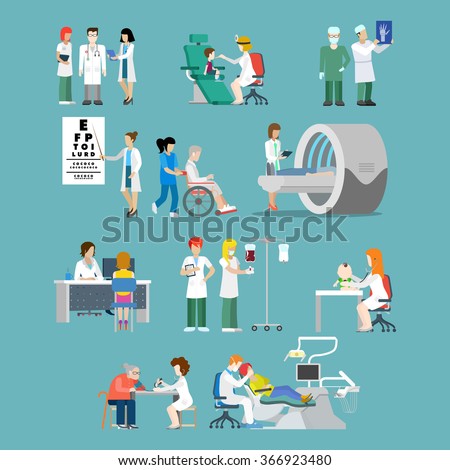 Flat style hospital profession specialist concept vector people icon set for hospital patient team checkup x-ray wheelchair MRI oculist dentist pediatrician doc nurse. Creative people collection.