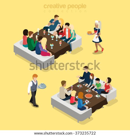 Restaurant big group table waiter situations flat 3d isometry isometric food meal concept web vector illustration. Young friends company party family dinner. Creative people collection.