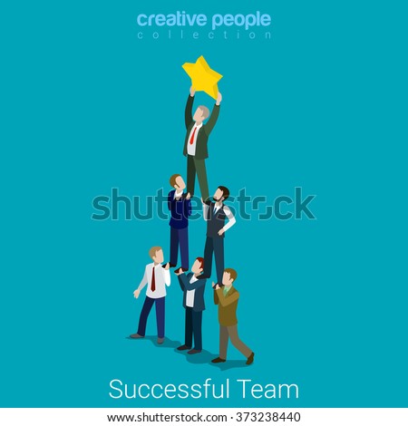Successful dream team flat 3d isometry isometric business concept web vector illustration. Teamwork businessmen pyramid to reach star. Creative people collection.