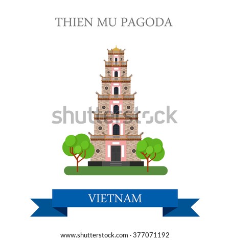 Thien Mu Pagoda in Vietnam. Flat cartoon style historic sight showplace attraction web site vector illustration. World countries cities vacation travel sightseeing Asia collection.
