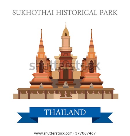 Sukhothai Historical Park in Thailand. Flat cartoon style historic sight showplace attraction web site vector illustration. World countries cities vacation travel sightseeing Asia collection.