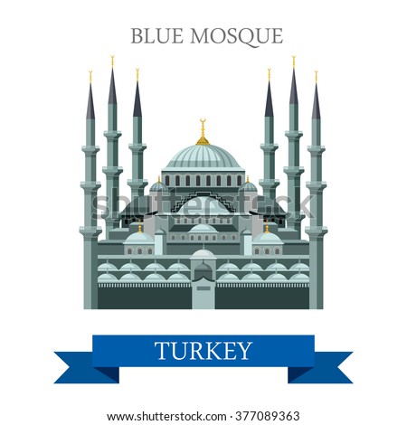 Blue Mosque in Istanbul Turkey. Flat cartoon style historic sight showplace attraction web site vector illustration. World countries cities vacation travel sightseeing Asia collection.