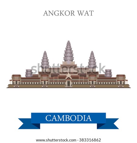 Angkor Wat temple complex in Cambodia. Flat cartoon style historic sight showplace attraction web site vector illustration. World countries cities vacation travel sightseeing Asia collection.