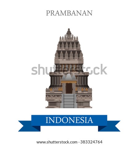 Prambanan Hindu temple in Indonesia. Flat cartoon style historic sight showplace attraction web site vector illustration. World countries cities vacation travel sightseeing Asia collection.