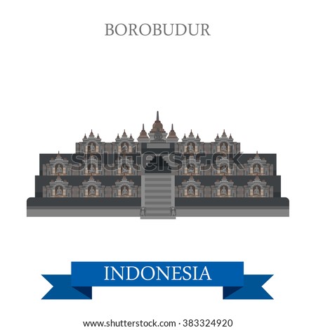 Borobudur Barabudur Buddhist temple in Indonesia. Flat cartoon style historic sight showplace attraction web site vector illustration. World countries vacation travel sightseeing Asia collection