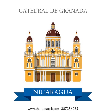 Cathedral de Granada in Nicaragua. Flat cartoon style historic sight showplace attraction web site vector illustration. World countries cities vacation travel sightseeing Central America collection.