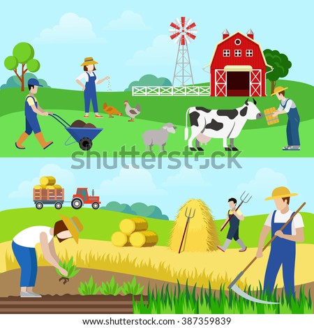 Flat style set farm profession worker people web banner hero image vector. Farmer stockbreeder grazier chicken breeder agriculturist harvester scythe mow hay mower tractor. Creative people collection.