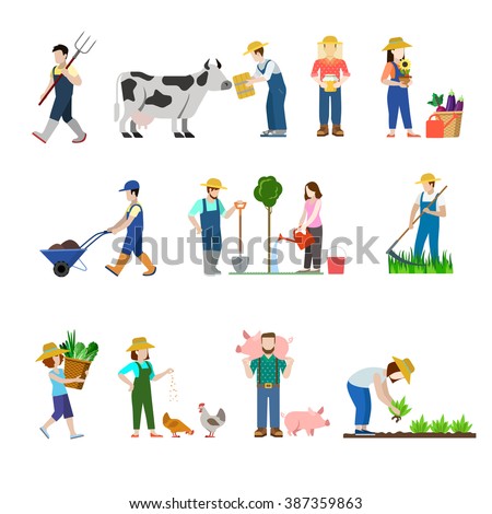 Flat style set of farm profession worker people web icons. Farmer agronomist agronome agriculturist stockbreeder grazier chicken pig breeder harvester beekeeper. Creative people collection.