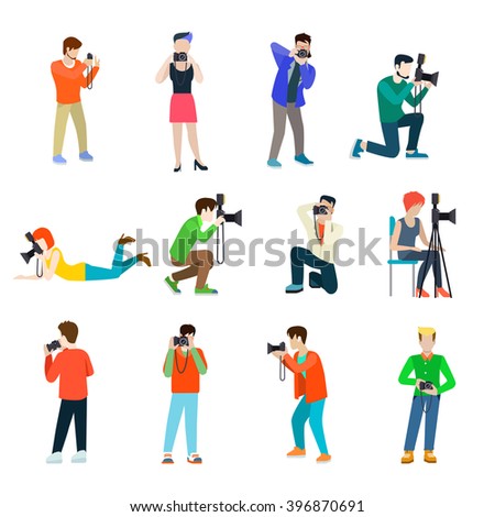 Photographer cameraman flat web infographic concept vector professional people profession icon set. Group creative young male female making photo studio outdoor travel.
