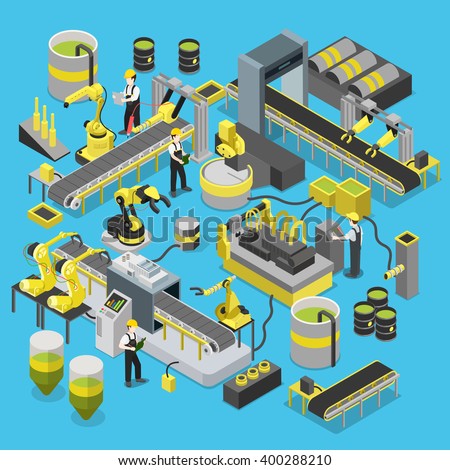 Chemical production conveyor workshop. Flat 3d isometric heavy robotic industry machinery icon set concept web infographics vector illustration. Manipulator robot robotized. Creative people collection